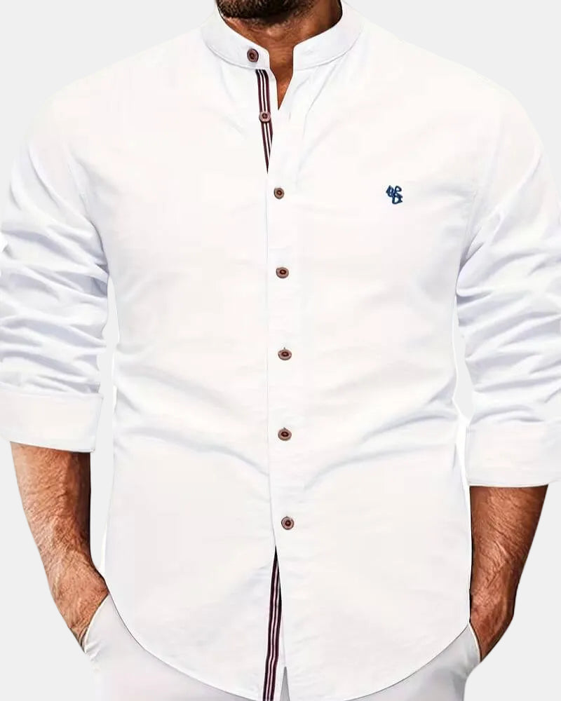 Men's smart casual long sleeve shirt with a modern stand collar, perfect for versatile everyday style.
