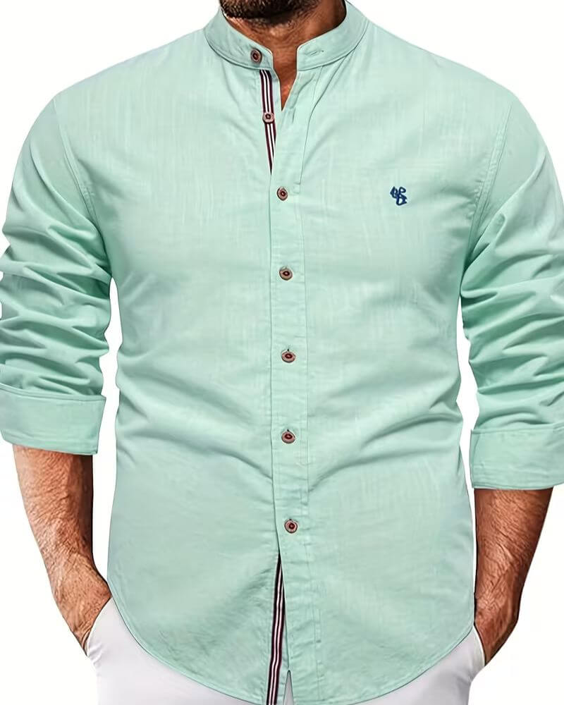 Modern fit men's long sleeve shirt with stand collar for a comfortable, smart casual look. Ideal for menswear.