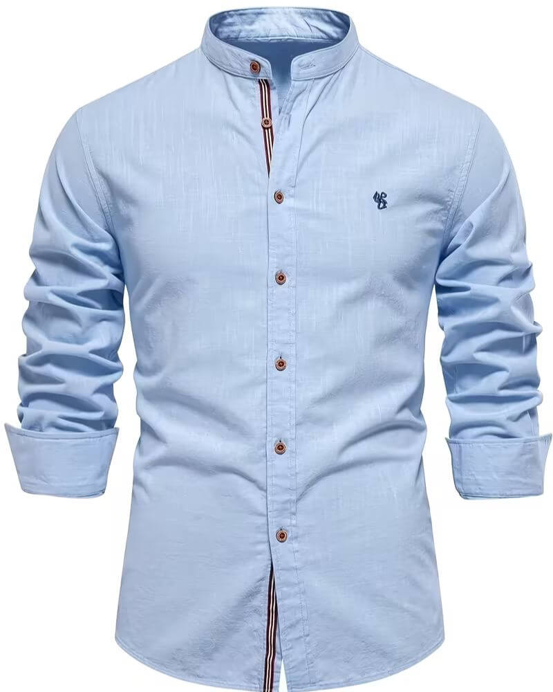 Stylish men's long sleeve shirt featuring a unique stand collar, great for smart casual and everyday fashion.