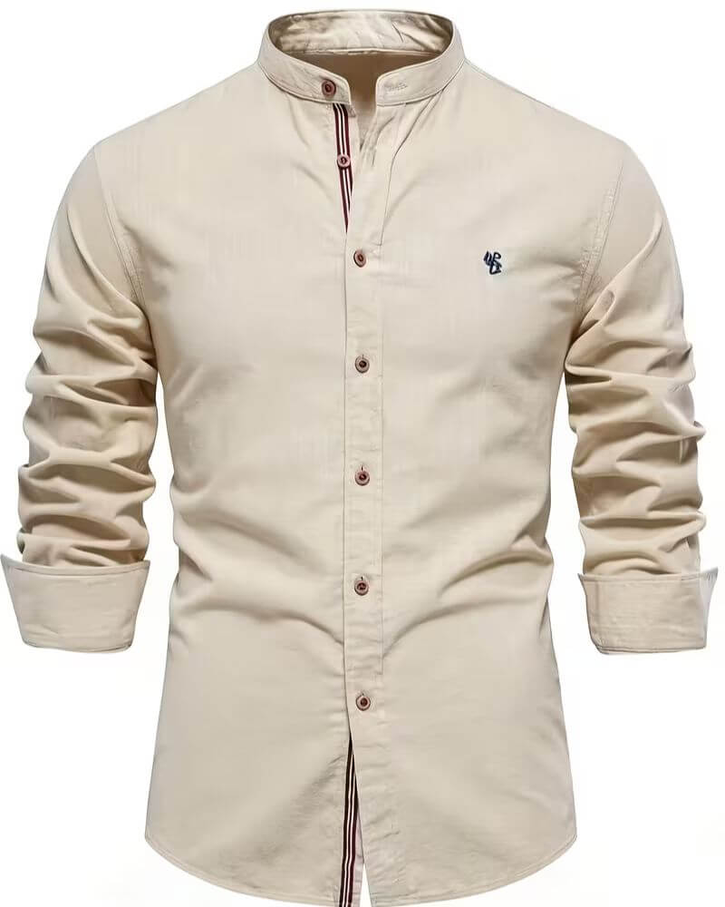 Comfortable men's smart casual long sleeve shirt with a sleek stand collar, enhancing modern everyday style.