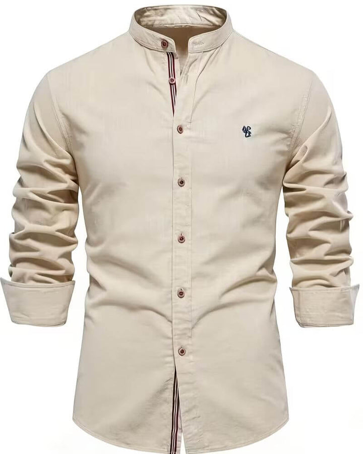 Comfortable men's smart casual long sleeve shirt with a sleek stand collar, enhancing modern everyday style.