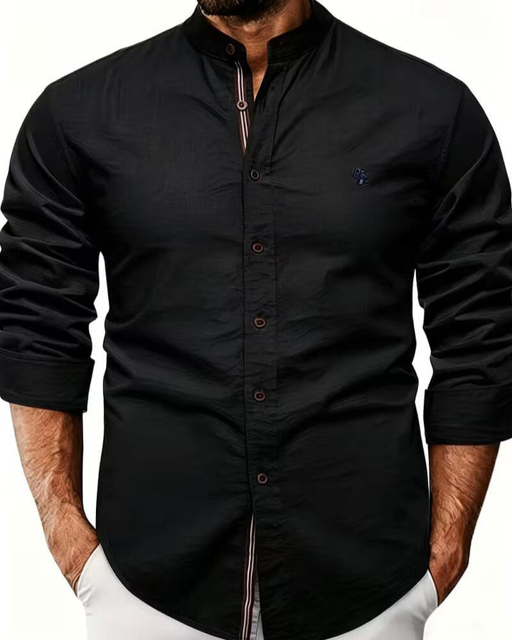 Versatile men's smart casual shirt with a fashionable stand collar, ideal for a refined long sleeve look.