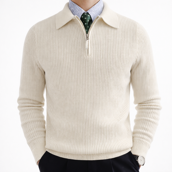 Comfortable men's quarter zip pullover sweater. Smart collared long sleeve knit for versatile everyday & smart casual wear.