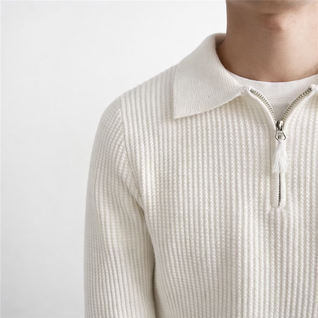 Stylish men's quarter zip pullover sweater. Versatile long sleeve top, ideal for smart casual autumn and winter fashion.