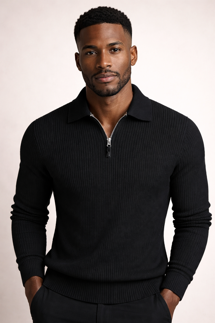Versatile men's smart quarter zip sweater. Elegant pullover with a collared design, perfect for layering in cool weather.
