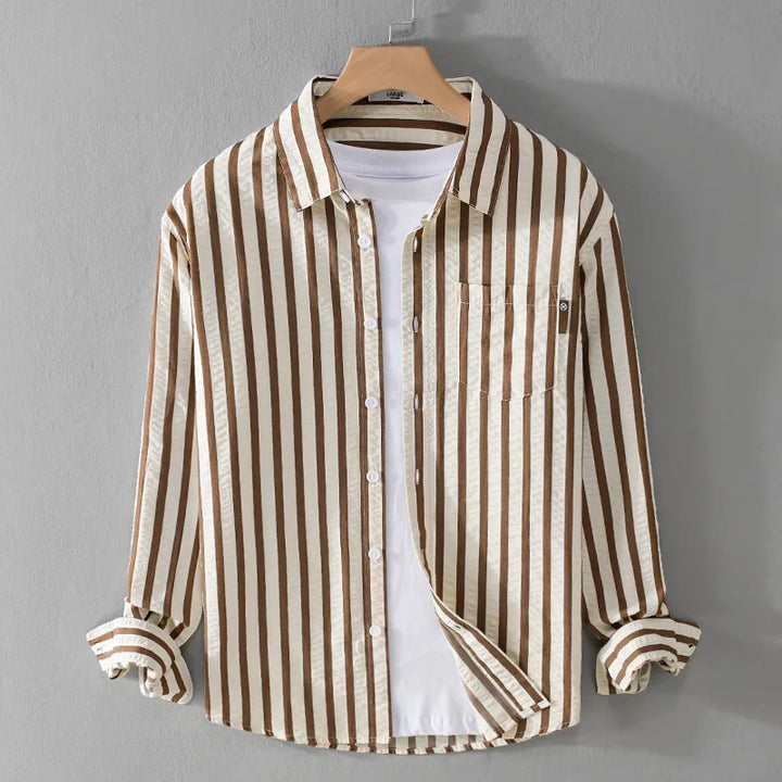 Men's smart casual striped long sleeve shirt with button front and spread collar, perfect for everyday office wear.