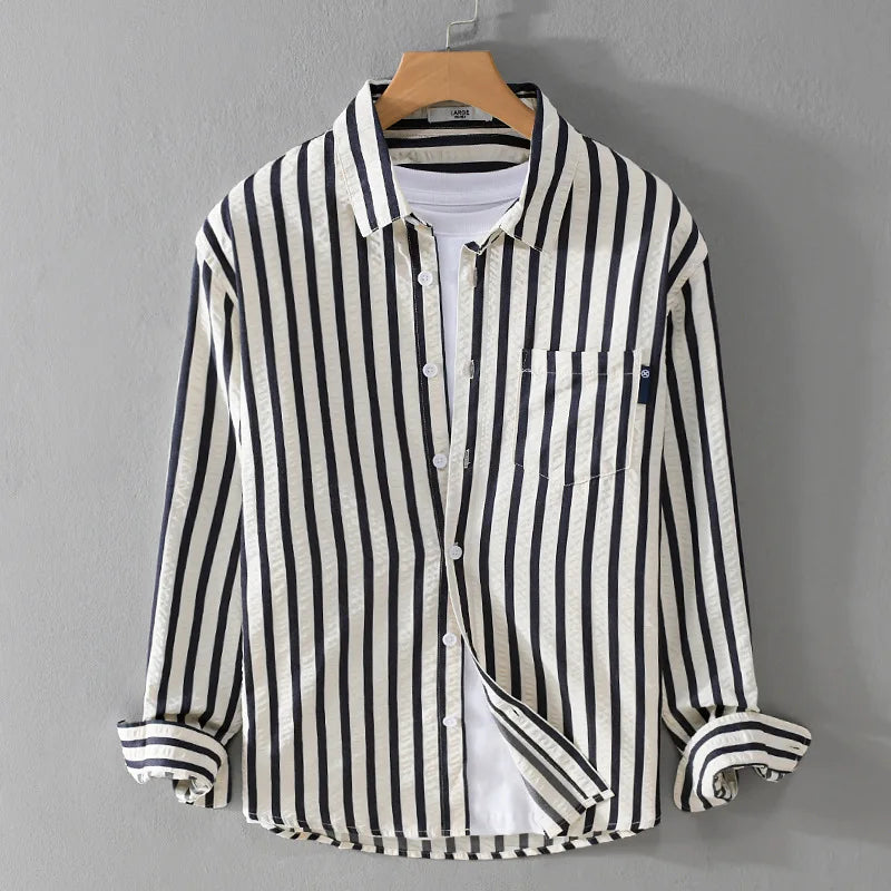 Classic men's striped long sleeve shirt, button-front, versatile for smart casual or office wear. Comfortable design.