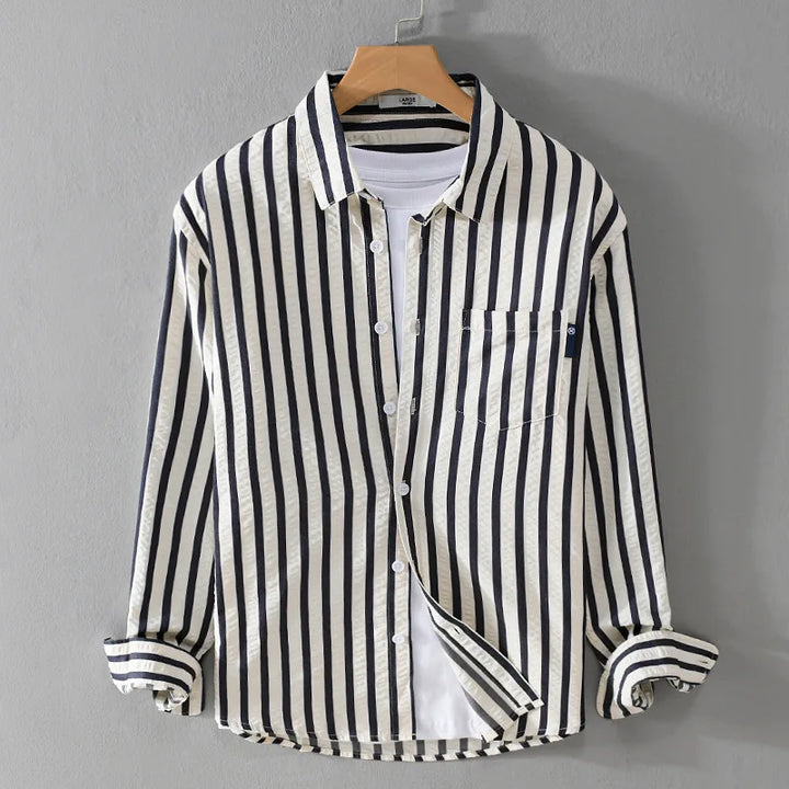 Classic men's striped long sleeve shirt, button-front, versatile for smart casual or office wear. Comfortable design.