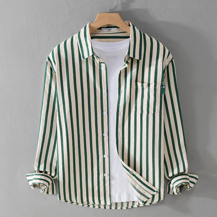 Stylish men's striped collared shirt with long sleeves and button front. Ideal for casual outings & smart everyday look.