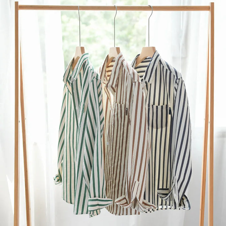 Smart casual men's long sleeve striped shirt featuring button front, spread collar. Essential for office or relaxed wear.