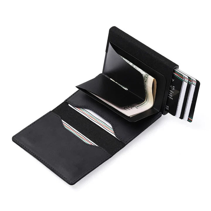 Men's smart wallet with AirTag slot & RFID blocking, sleek carbon fiber design.
