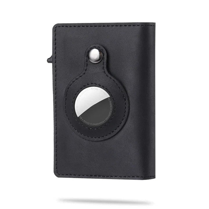 Hand holding slim men's smart wallet, AirTag slot, RFID blocking, carbon fiber look.