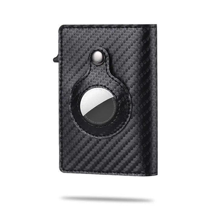 RFID blocking men's wallet, secure & slim, features AirTag slot and carbon fiber.