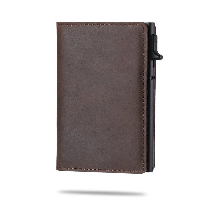 Secure men's smart wallet with AirTag compatibility, RFID blocking & carbon fiber finish.