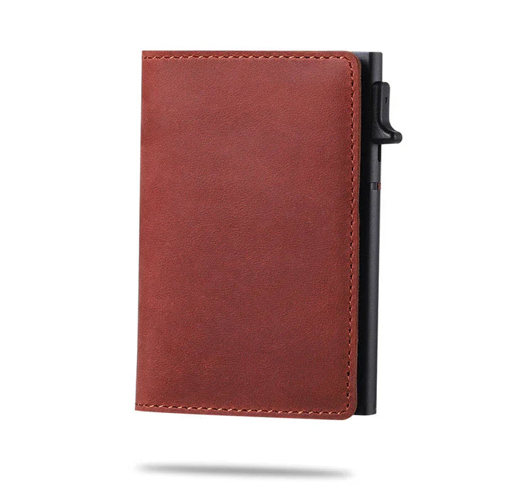 Open men's smart wallet showing AirTag slot, card holder & money clip. RFID protected.