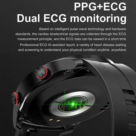 Men's smartwatch with health monitoring, fitness tracker, and Bluetooth connectivity.
