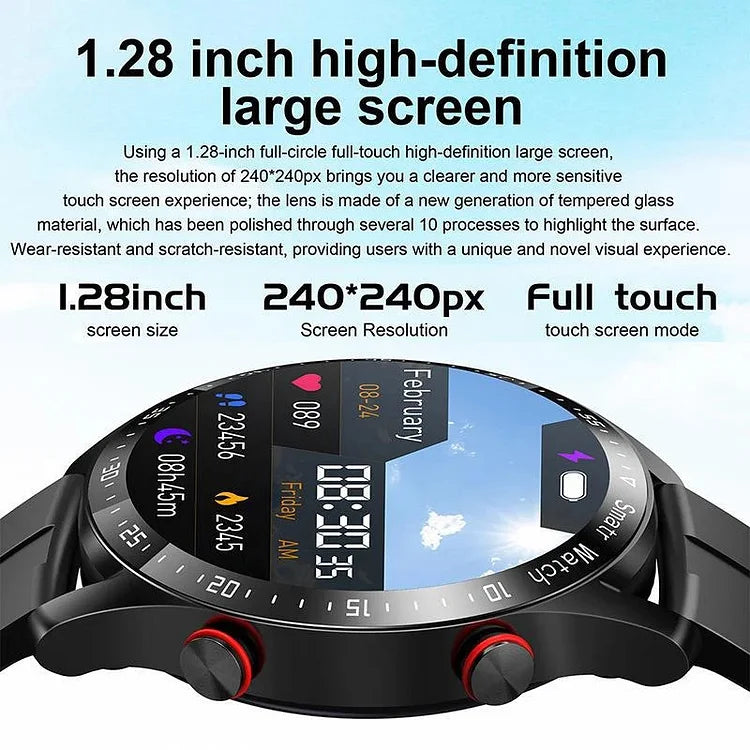 Stylish men's wearable tech: smart watch with steel strap, health & fitness tracking.
