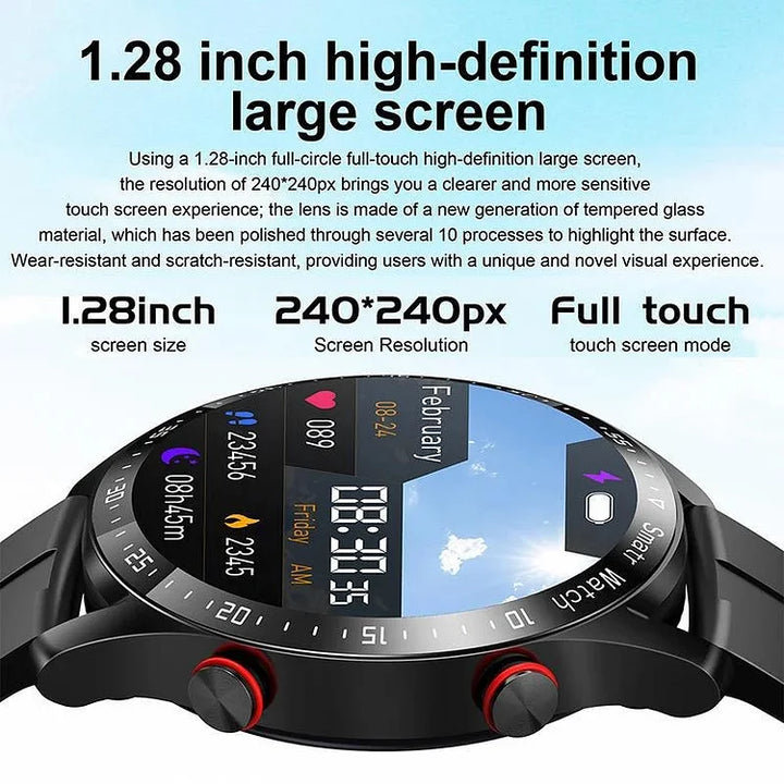 Stylish men's wearable tech: smart watch with steel strap, health & fitness tracking.