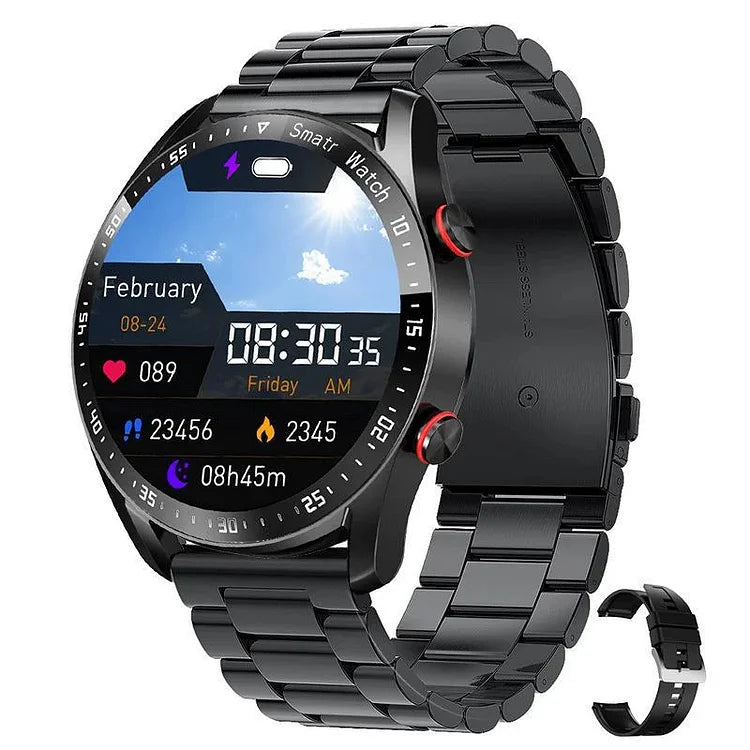 Black men's smartwatch featuring comprehensive health monitoring & activity tracking.