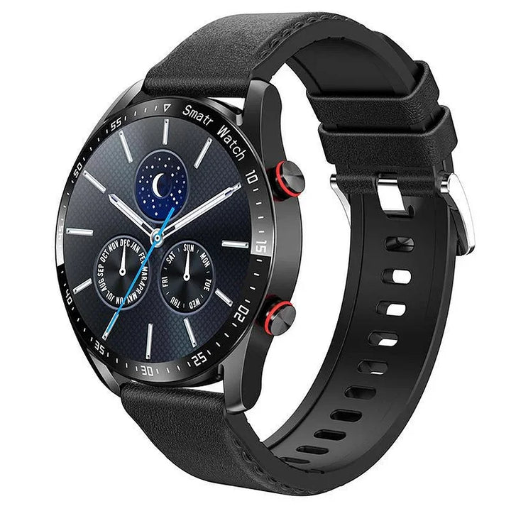 Mens Bluetooth smart watch with leather strap, perfect for fitness and daily wear.