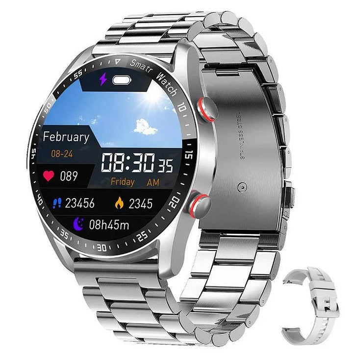Sleek men's smart watch with a steel strap, Bluetooth, and extensive health tracking features.