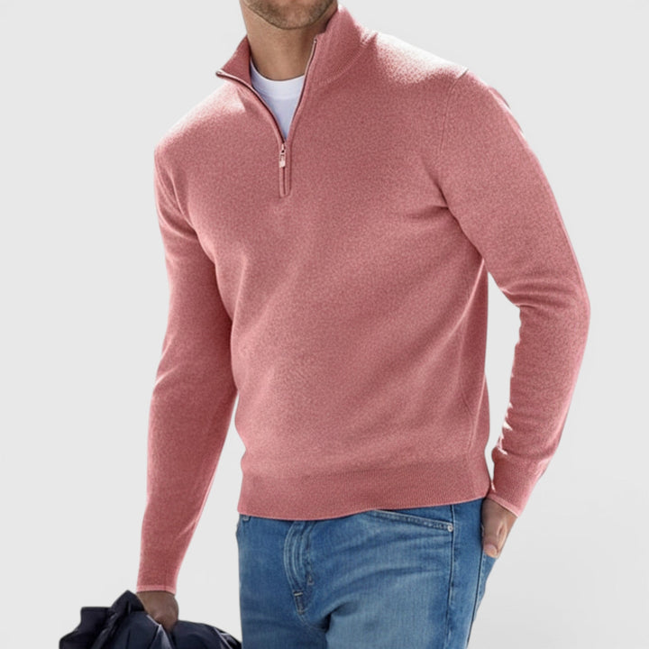 Men's soft quarter-zip polo sweater. Comfortable long-sleeve pullover for casual and smart casual everyday wear.