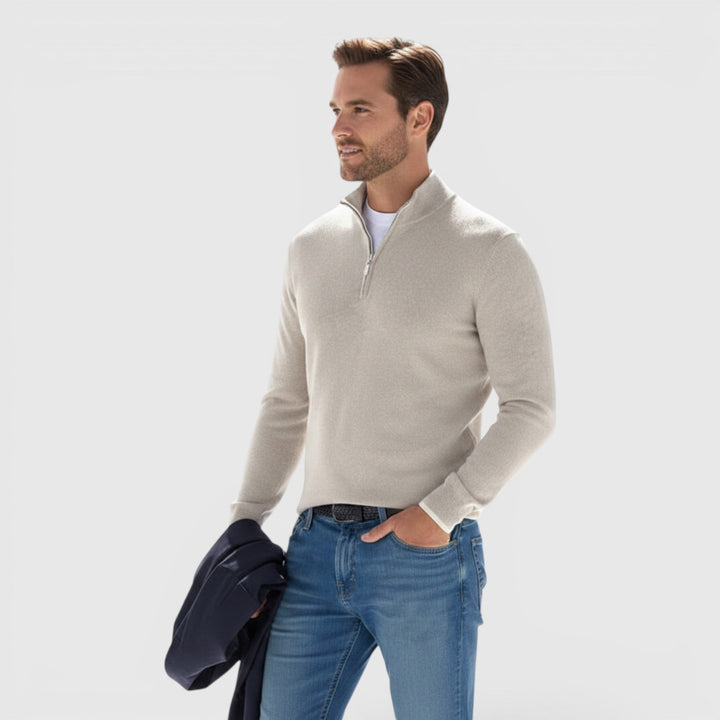 Men's fashion quarter-zip polo sweater. Soft, comfortable long-sleeve pullover for versatile casual apparel.