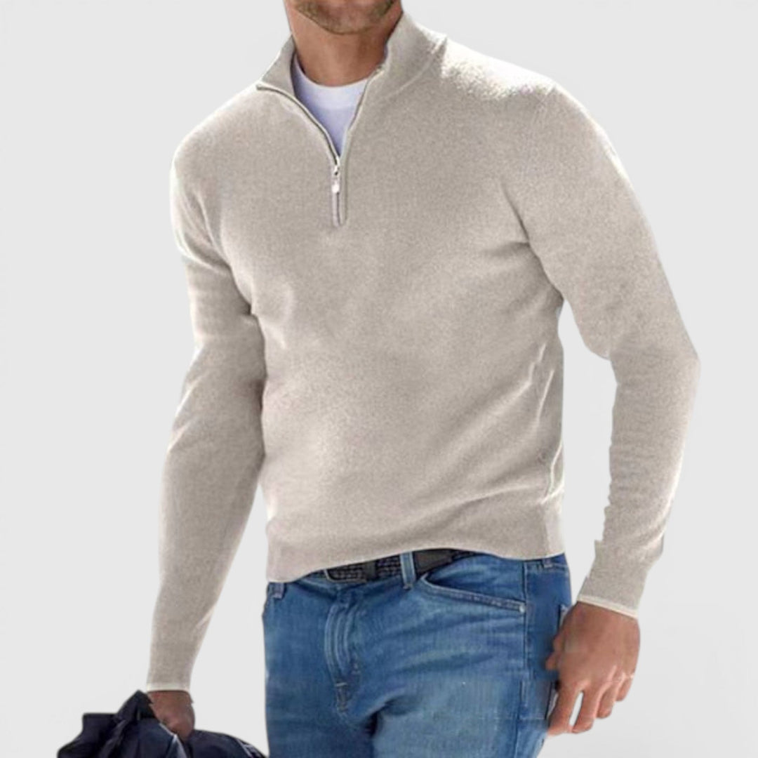 Men's apparel soft quarter-zip polo sweater. Comfortable long-sleeve pullover for versatile everyday style.