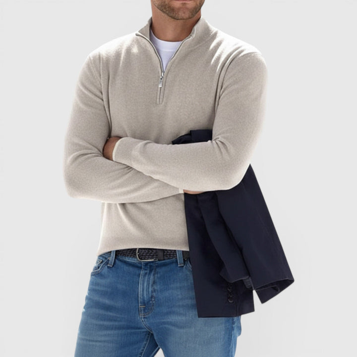 Everyday style men's quarter-zip polo sweater. Soft, comfortable long-sleeve pullover for casual & smart wear.