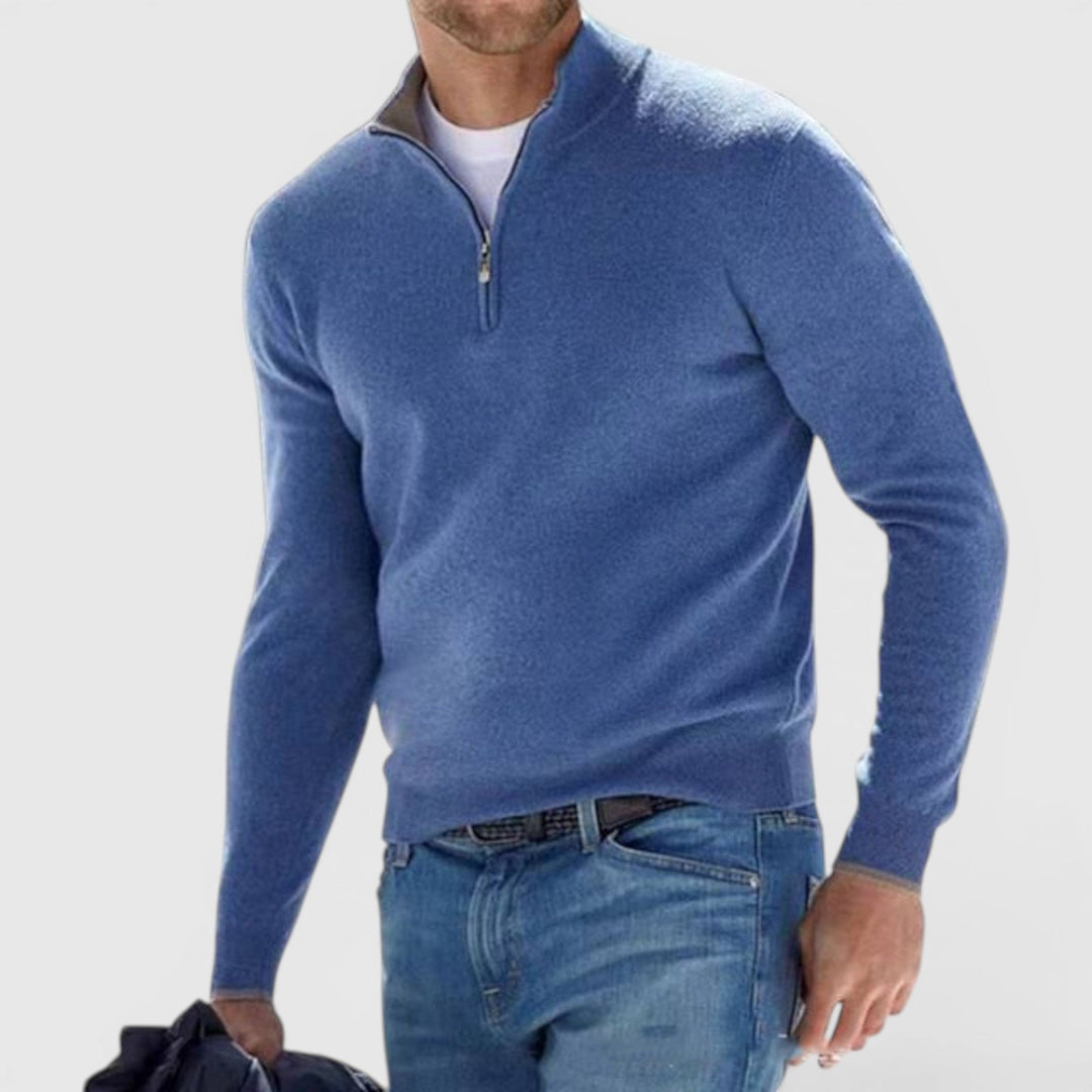 Miles men's soft quarter-zip polo sweater, offering comfort & style as a versatile long-sleeve pullover.