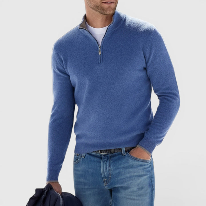 Comfortable long-sleeve men's quarter-zip polo sweater. Soft pullover top for smart casual and everyday fashion.