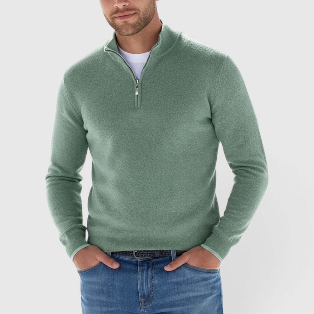 Comfortable men's soft quarter-zip polo sweater. Versatile long-sleeve pullover for smart casual & everyday fashion.