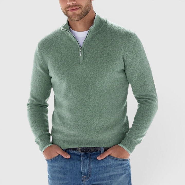 Comfortable men's soft quarter-zip polo sweater. Versatile long-sleeve pullover for smart casual & everyday fashion.