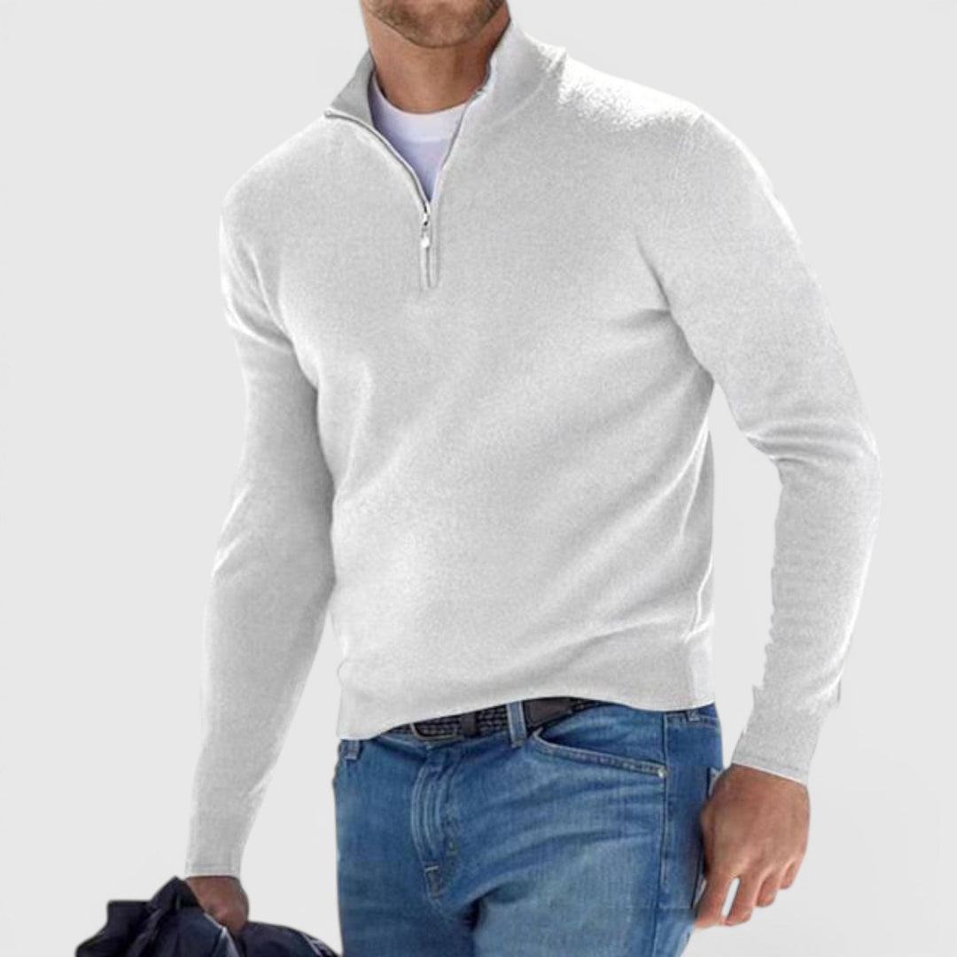 Stylish men's quarter-zip polo sweater. Soft long-sleeve pullover, perfect for smart casual & everyday comfort.