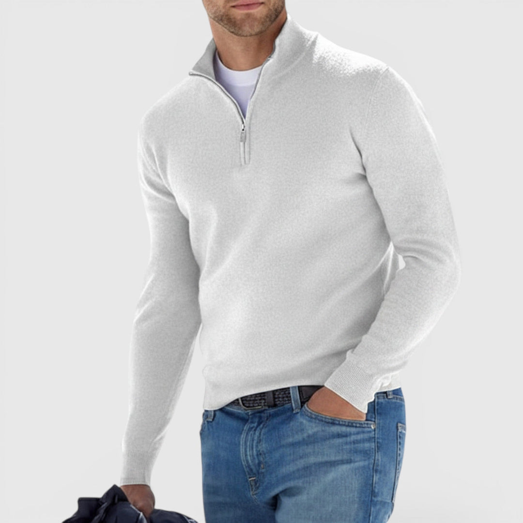 Soft-feel men's quarter-zip polo sweater with long sleeves. Ideal comfortable pullover for versatile men's apparel.