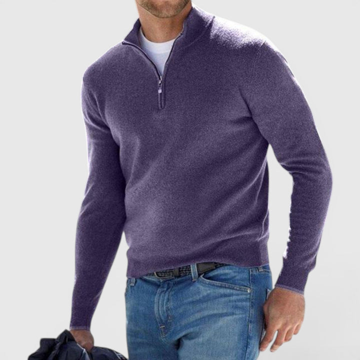 Man wearing a comfortable men's quarter-zip polo sweater, a versatile long-sleeve pullover for everyday fashion.