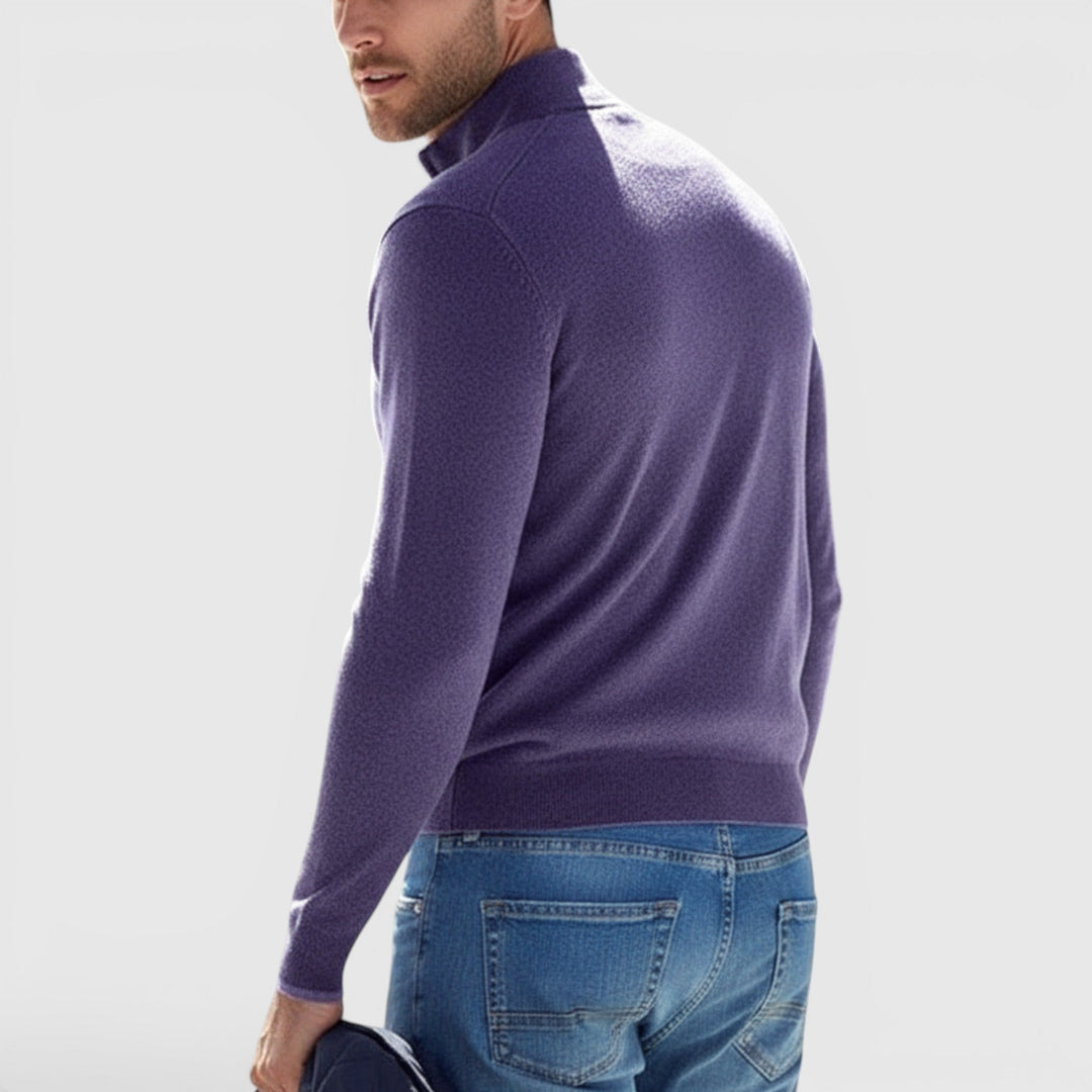Luxuriously soft men's quarter-zip polo sweater, a comfortable long-sleeve pullover top for men's fashion.