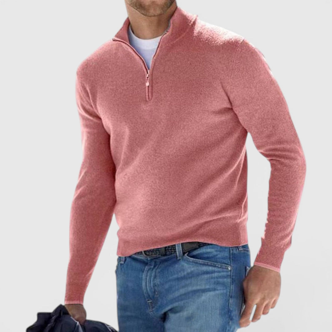 Men's long-sleeve quarter-zip polo sweater. Soft, comfortable pullover for smart casual and everyday men's apparel.