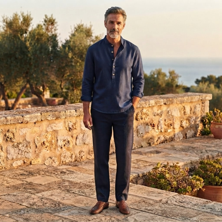 Comfortable men's relaxed fit long sleeve casual shirt, half button placket, perfect for versatile everyday style.