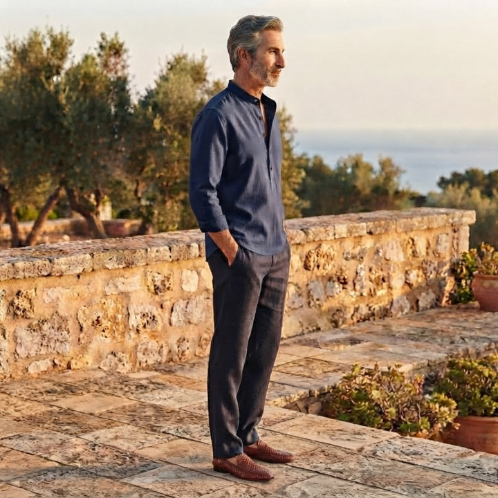 Stylish men's long sleeve button half placket shirt, solid design, an essential for fall and spring casual wear.