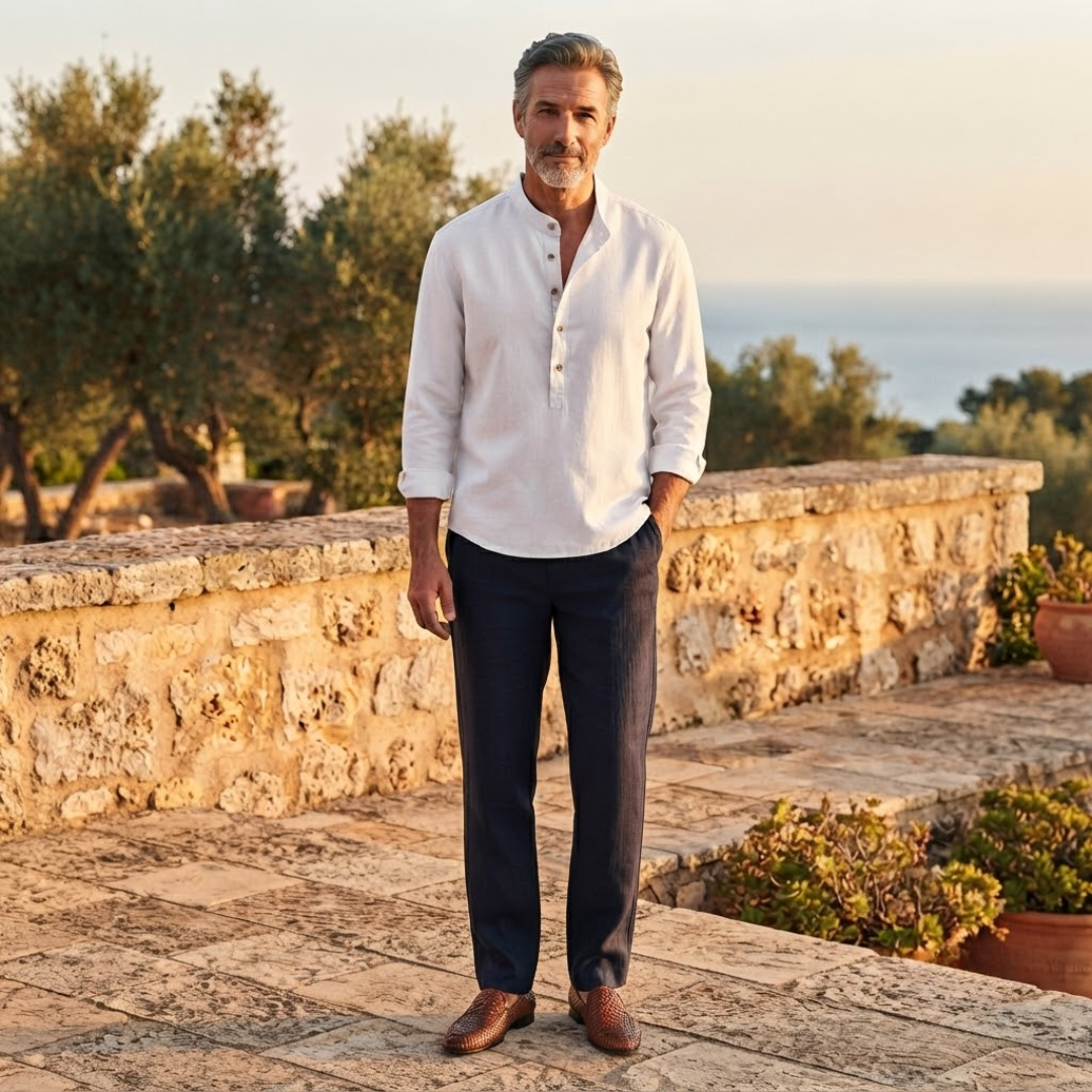 Men's solid long sleeve casual shirt, half button front, stand collar. Comfortable & versatile for daily wear.