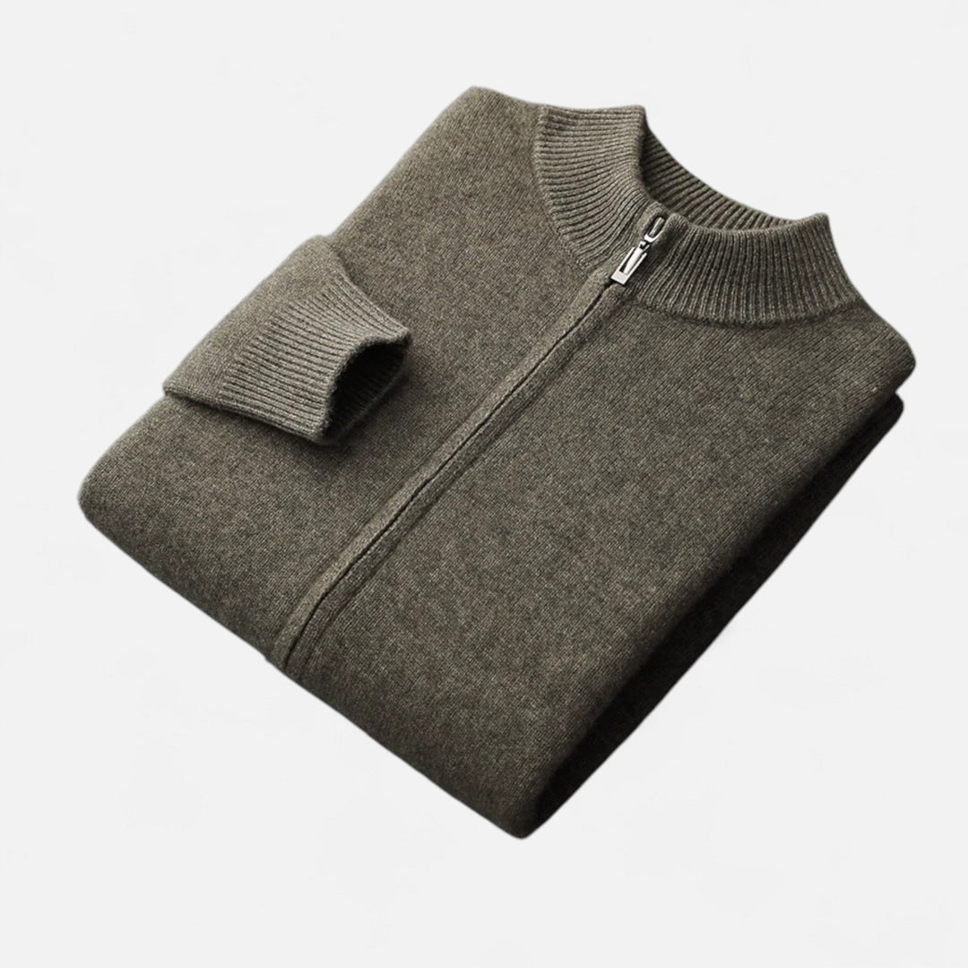 Men's sophisticated zippered cardigan, classic long sleeve for smart casual layering comfort.
