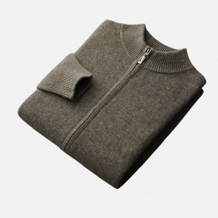 Men's sophisticated zippered cardigan, classic long sleeve for smart casual layering comfort.