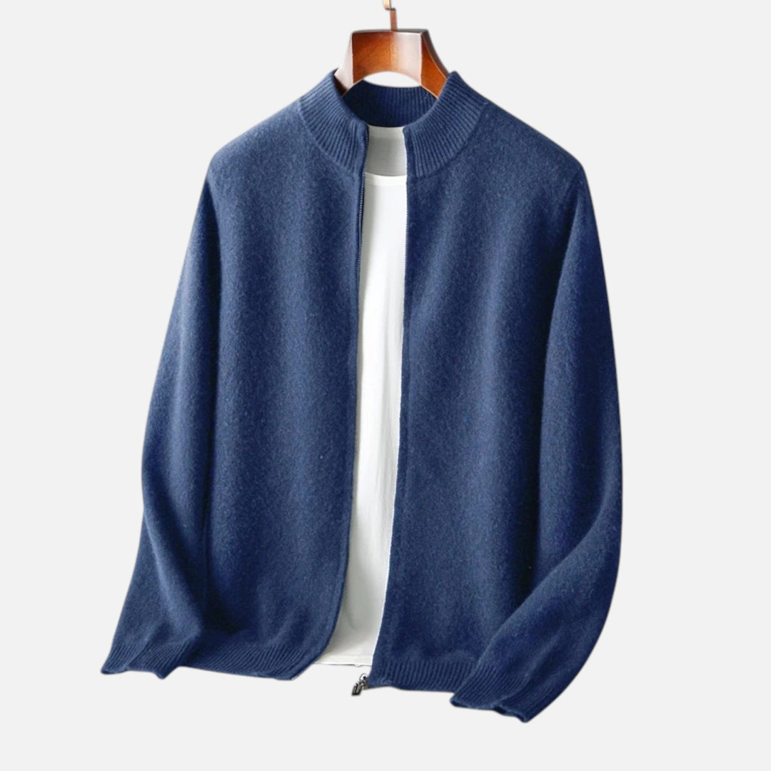 Zipper and fabric close-up on a men's classic long sleeve cardigan for sophisticated smart casual style.