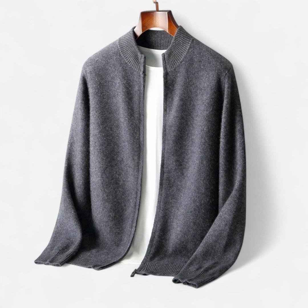 Men's classic zippered cardigan on a hanger, comfortable long sleeve for smart casual men's fashion.