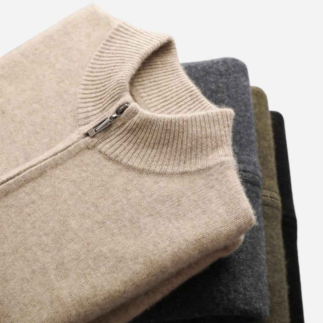 Man styling a sophisticated zippered cardigan, comfortable and long sleeve for versatile men's fashion.