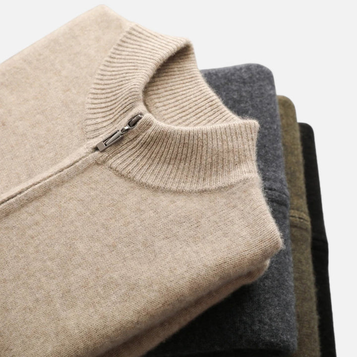Man styling a sophisticated zippered cardigan, comfortable and long sleeve for versatile men's fashion.