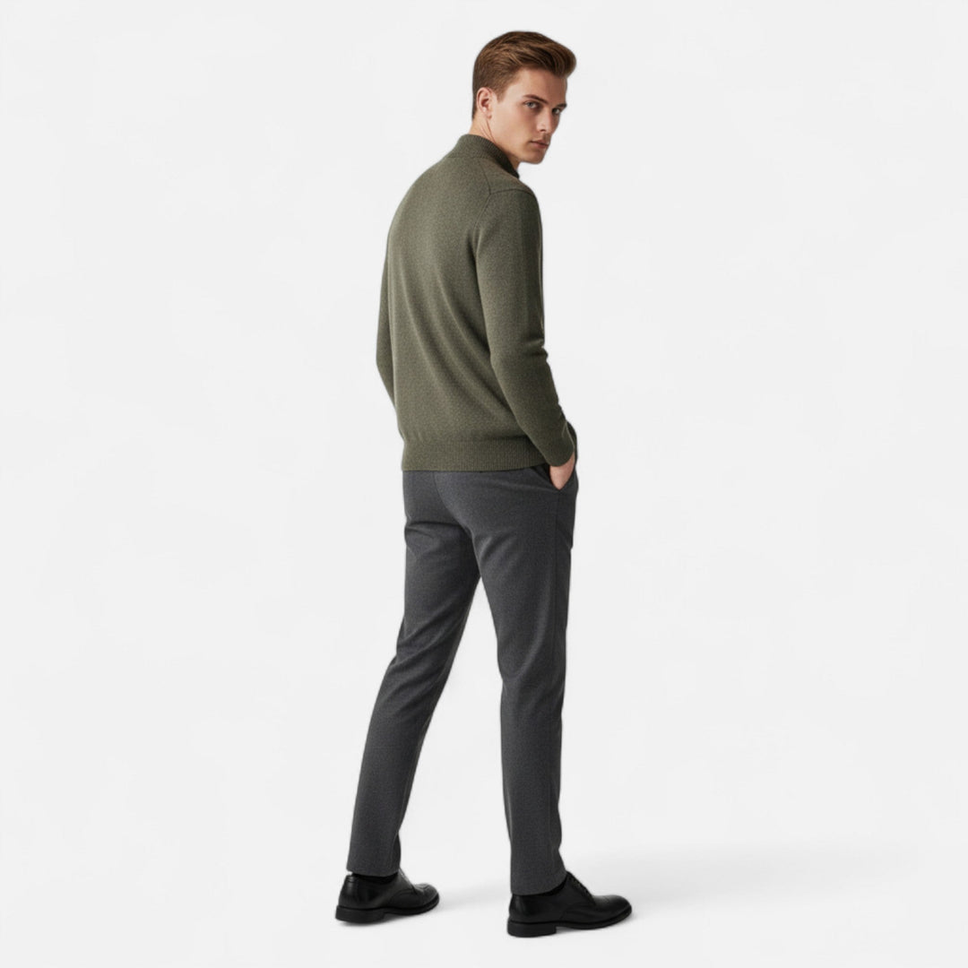 Man wearing a sophisticated long sleeve zippered cardigan, perfect for smart casual men's fashion.