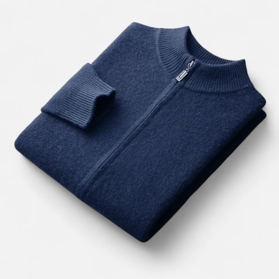 Classic men's zippered cardigan, comfortable long sleeve, shown worn for versatile layering style.