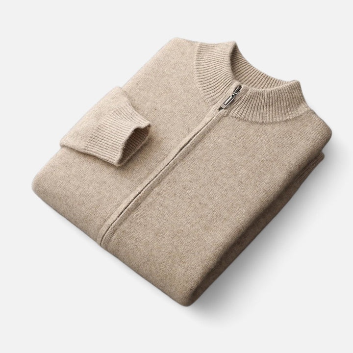 Textured fabric of a men's comfortable zippered cardigan, sophisticated for smart casual fashion.